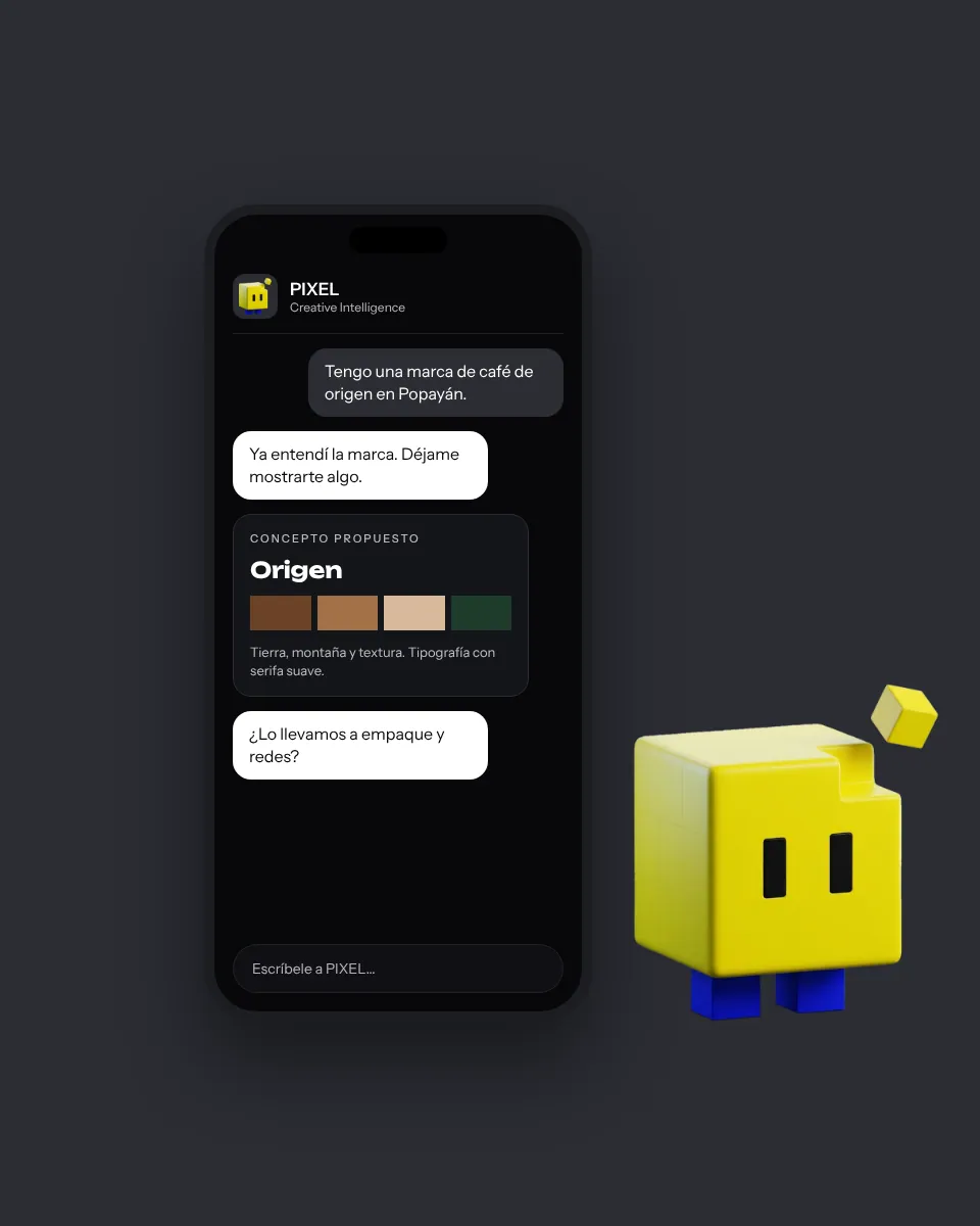 Teléfono con la app de Pixi, el director creativo, conversando sobre una marca