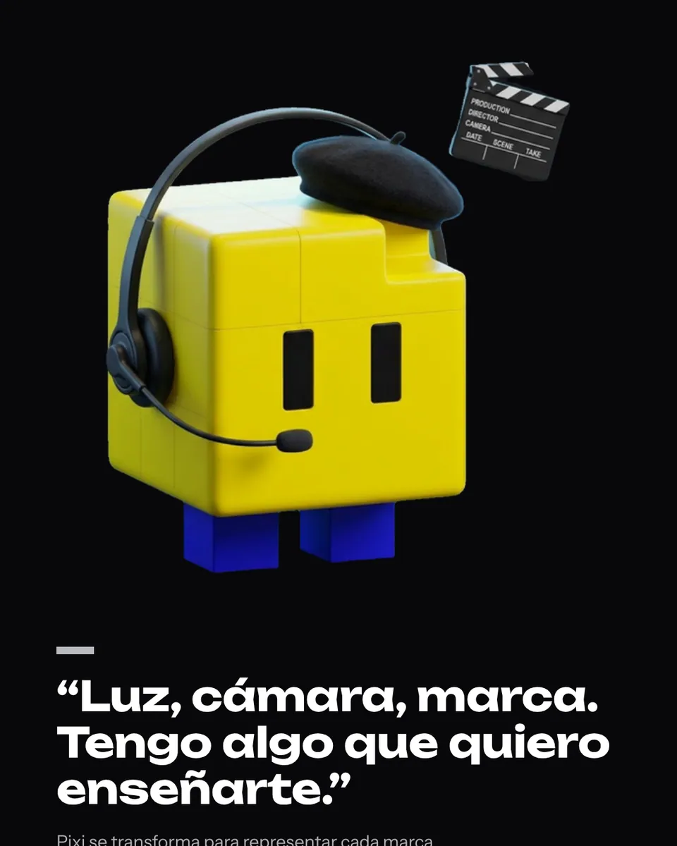 Historia vertical con Pixi cine y la frase "Luz, cámara, marca."