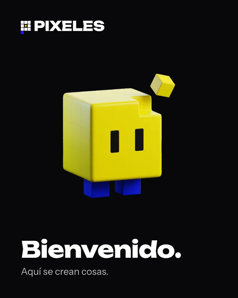 Vinilo negro de recepción con Pixi y el texto "Bienvenido. Aquí se crean cosas."