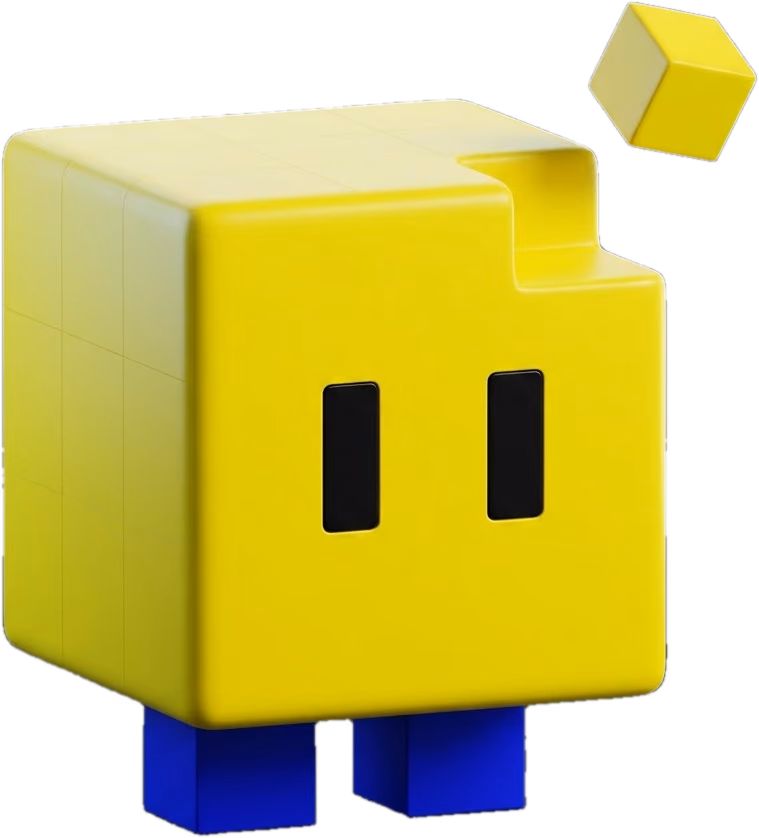 Pixi: un cubo amarillo con dos ojos en ranura, pies azules y un píxel flotando junto a su esquina recortada